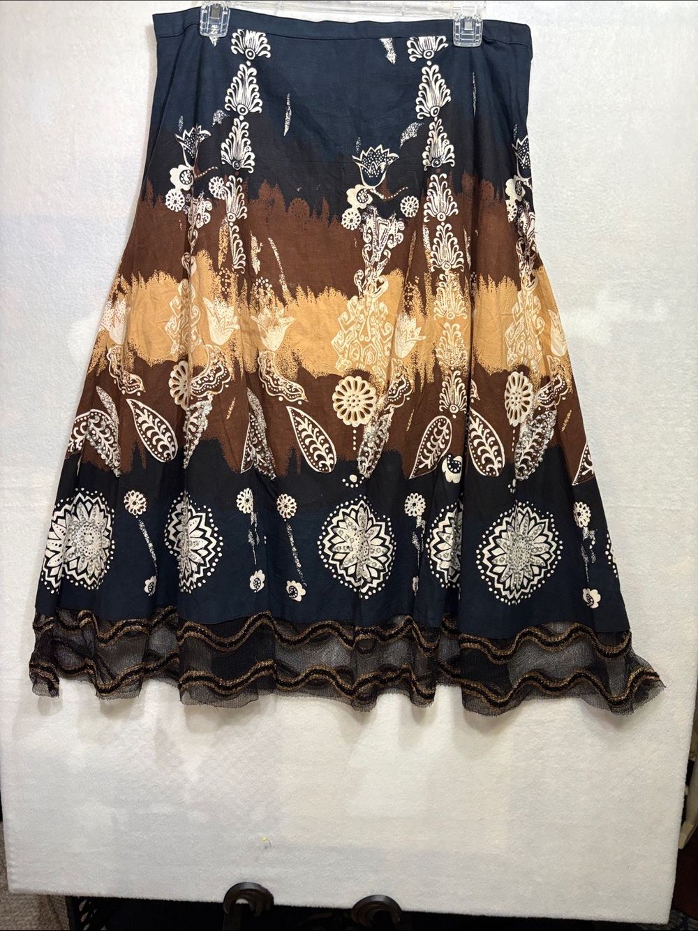 Original Threads Boho Tiered Maxi Skirt with lace and beading size large EUC